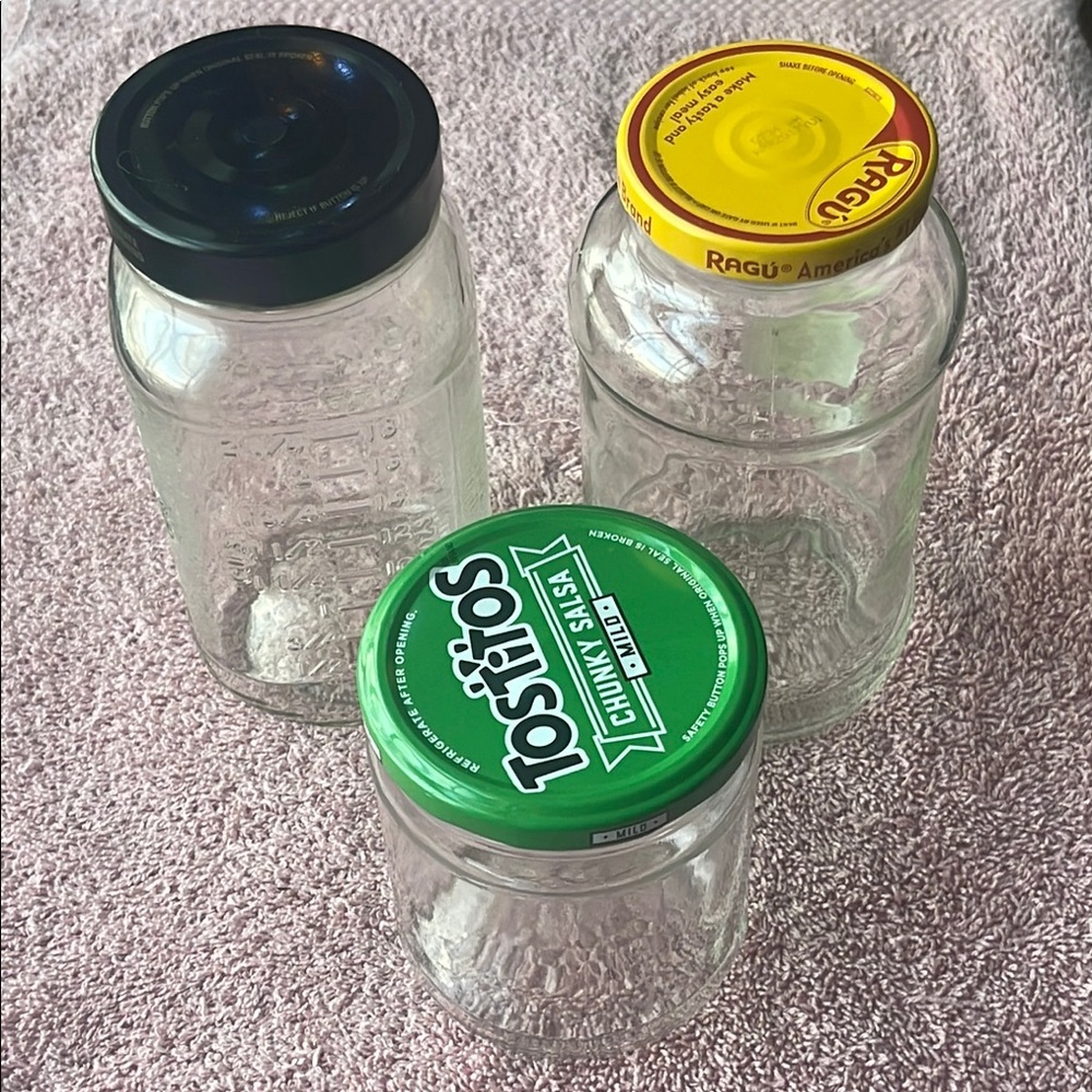 Set of Three Glass Jars with Colorful Lids